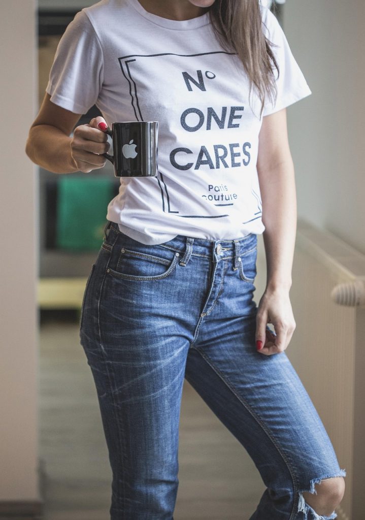 jeans, tee, coffee cup, t shirt, tea cup, white, blue, woman, model, standing, mug, cup, coffee, tea, hot, drink, hair, quote, statement, ripped, top, trousers, home, young, casual, outfit